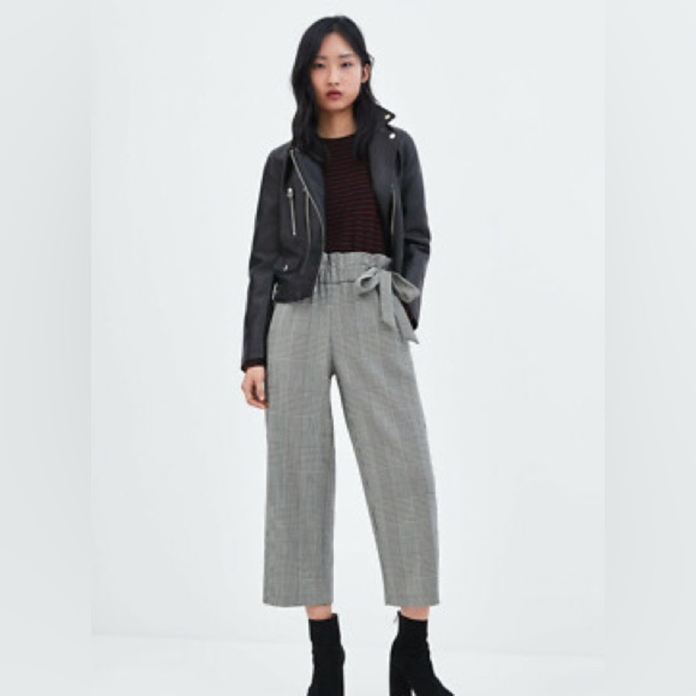 ZARA Plaid Paperbag Waist Tied Bow Trousers Size XS